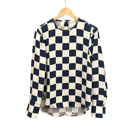 Creatures Of Comfort Navy Blue Cream Silk Checkerboard Long Sleeve Blouse Sz 4 - Picture 1 of 7